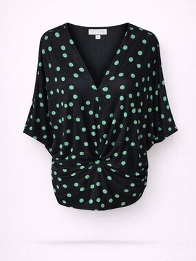 Pleione Anthropologie Black Green Polka Dot Dolman Sleeve Top Stretchy Medium